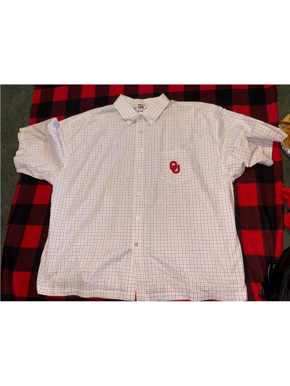 Men's Red and White Checked Button-Down Shirt with OU Chest Accent